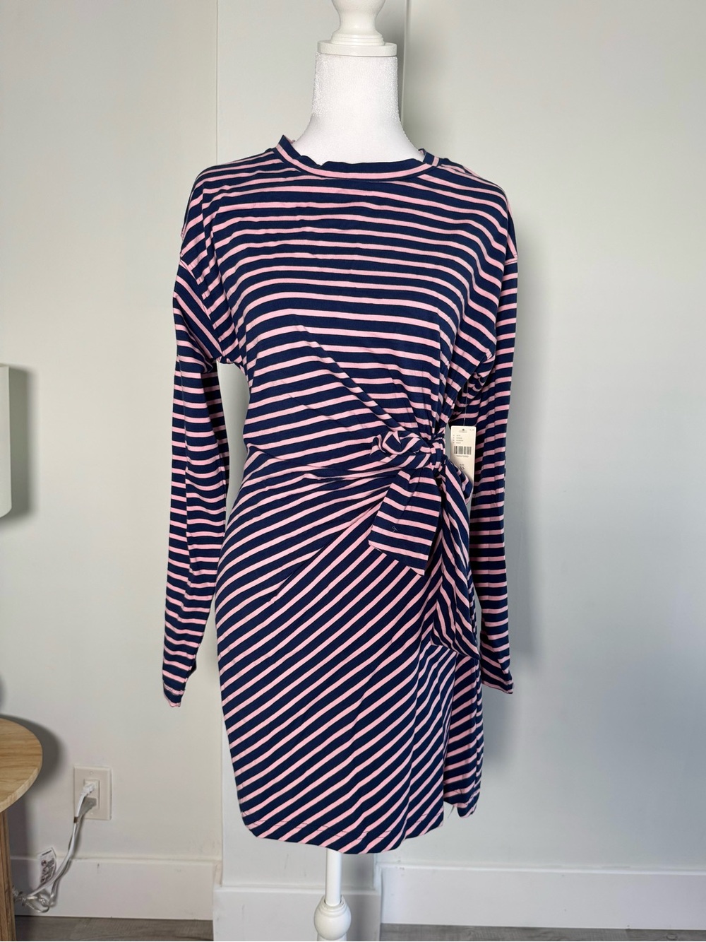 Anthropologie Sporty Barbiecore Striped Side Tie Mini Dress XS Pink Navy - Picture 3 of 7